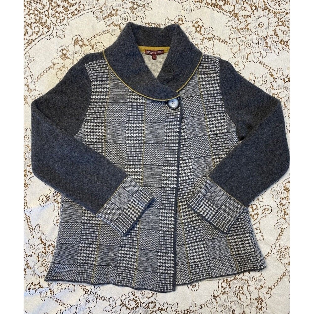 Made In Italy Wool Cardigan L Betty Betty Firenze Gray Plaid Sweater 40” Chest